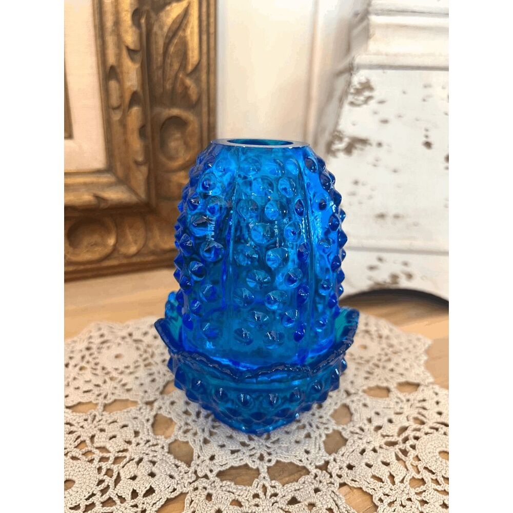 Fenton Cobalt Blue Hobnail Fairy Lamp | Vintage 2 Piece Glass Candle Lamp